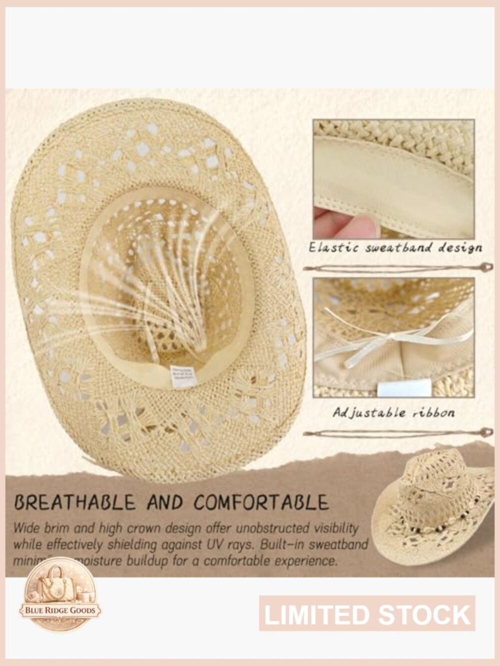Wide Brim Straw Cowboy Hat with Interchangeable Bands Women Sun Hat - Picture 5 of 7